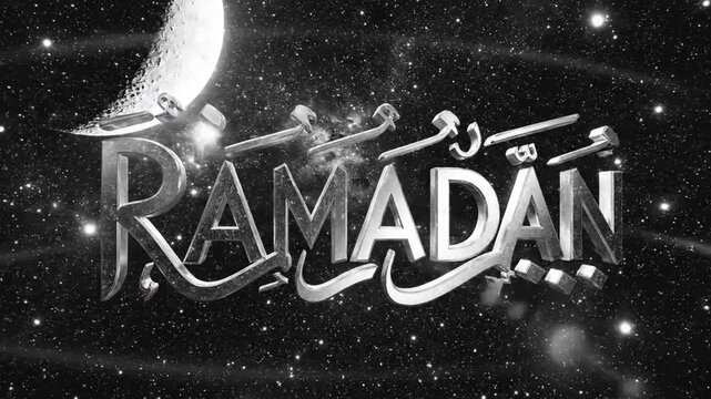 Ramadan Kareem Black and White with Crescent Moon and Stars.
