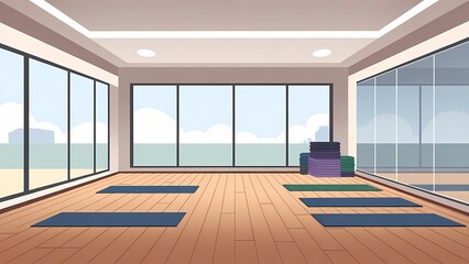 Fototapeta premium Bright yoga studio interior with large windows, wooden floor and mats - vector illustration of a serene fitness space