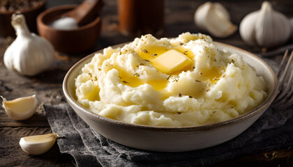 Creamy Mashed Potatoes Topped with Butter and Served on a Rustic Table with Garlic Cloves in the Background