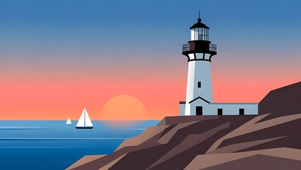 Lighthouse on rocky coast at sunset with sailboats in a serene vector illustration