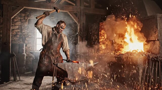 Blacksmith working at anvil in forge with fire and sparks, historical craft