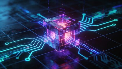 Obraz premium Floating Futuristic Cube with Glowing Purple Neon Circuit Lines. 3D Illustration of Artificial Intelligence, Quantum Computing Core and Blockchain Technology. Abstract Sci-Fi Data Background