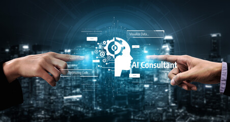 Fototapeta premium AI assistant with LLM, big data, machine learning, and generative AI powers prompt engineering and supports agentic AI for advanced business applications. Vouch