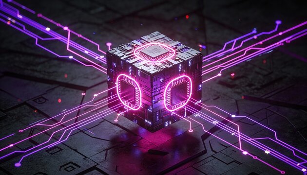 Floating Futuristic Cube with Glowing Purple Neon Circuit Lines. 3D Illustration of Artificial Intelligence, Quantum Computing Core and Blockchain Technology. Abstract Sci-Fi Data Background