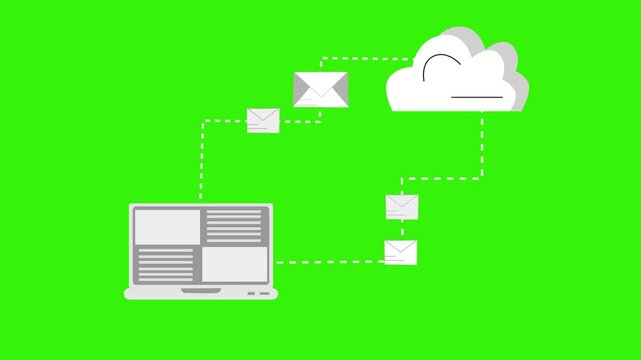 Animation of cloud computing with a laptop and email icons connected to a cloud