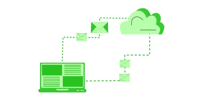 Animation of cloud computing with a laptop and email icons connected to a cloud