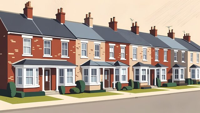 Stylized vector illustration of brick rowhouses along a sunny suburban street, peaceful neighborhood scene in a flat graphic render
