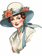 vintage lady portrait with hat and scarf cartoon vector illustration