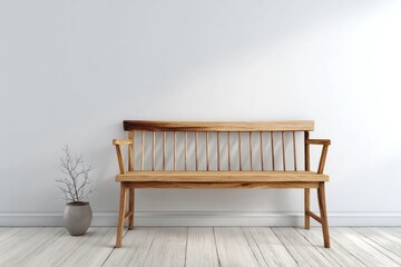 Wooden garden bench sits against a minimalist white wall beside a potted dried plant