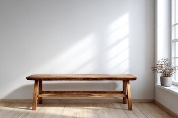 Rustic wooden bench positioned against a bright white wall receiving sunlit patterns from a nearby window