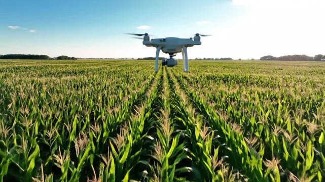 Modern agricultural drone flying low over rows of vibrant green corn plants under a clear blue sky