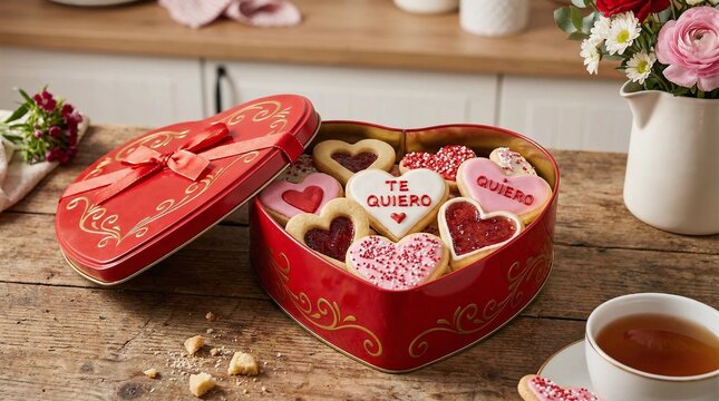 Caja de galletas decoradas en forma de coraz&oacute;n para San Valentin