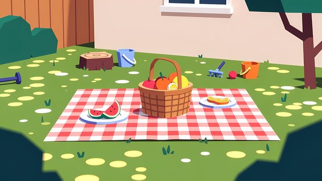 Cheerful backyard picnic scene on a red and white checkered blanket with fruit basket in a sunny garden &mdash; 2D vector illustration, playful mood