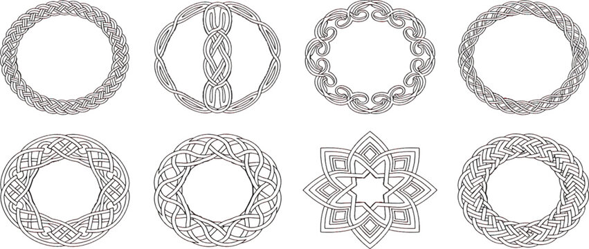 Celtic circle frames. Vintage round border frames with celtic knots, knotted braid ornaments northern Irish motifs. Circular magical patterns vector eps set.