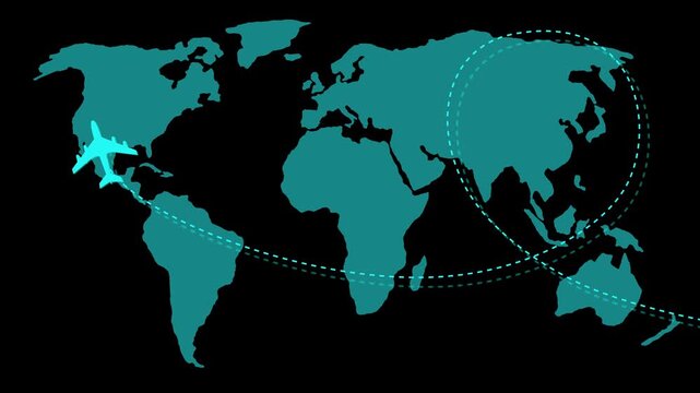 Animation of a plane flying over a world map with a dashed flight path