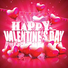 Happy valentines day greeting with heart balloons and confetti