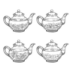 Set with teapot. Tea. Hand drawn vector illustration.