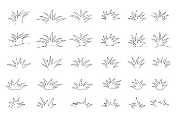 Minimalist Black Grass Tuft Icons Set - Simple Line Vector Illustrations. Botanical line art plants, black and white grass illustrations, floral sketch set, nature design elements, hand-drawn garden. 