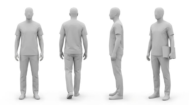 Four gray mannequin figures display a casual outfit from front back side and with accessory