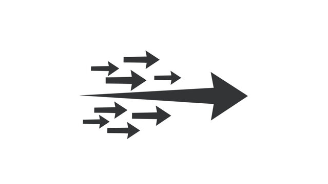 Multiple small arrows merging into a single large right pointing arrow representing unity, collective effort, goal alignment, and strong team direction.