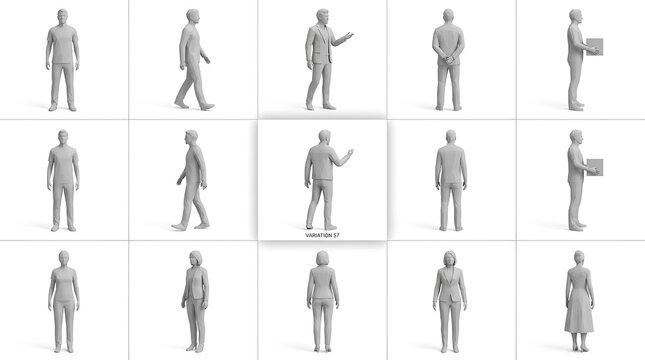 A collection of nine grayscale 3d renders depicting human figures in various poses and clothing