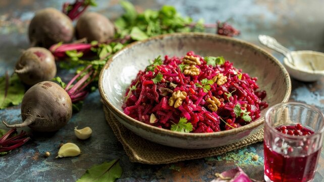 A dish of Georgian cuisine.
Beetroot salad with nuts and garlic. Beetroot phali, one of the most recognizable cold appetizers of Georgian cuisine.