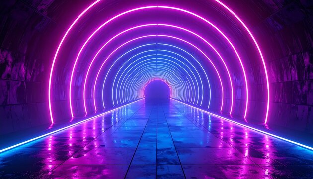 A futuristic neon-lit tunnel with vibrant pink and blue lights