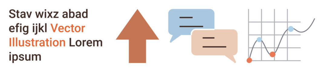 Business growth, data analysis, communication, teamwork, progress, strategy. Upward arrow, chat bubbles and line graph. Business growth and data analysis through icons