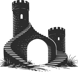 Naklejka premium Medieval Stone Castle Gate Silhouette Illustration.