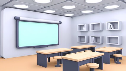 Fototapeta premium Modern classroom interior with whiteboard and projector in a calm, photorealistic 3D render