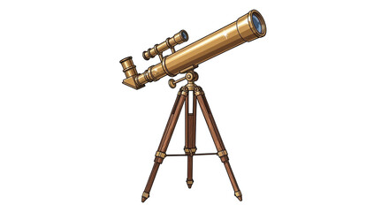Vintage brass telescope on tripod, isolated on white background