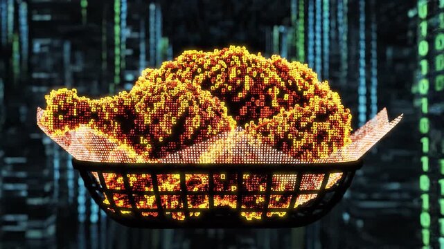 Crispy golden fried chicken in a basket, contrasted against a glowing, intricate digital data backdrop with ascii characters, illustrating gastronomy and modern cybernetic artistry