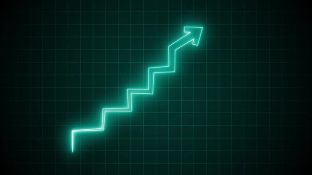 Glowing Zigzag Arrow on Dark Grid, Glowing Neon Light Corporate Bar Graph Animation