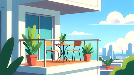 Fototapeta premium Bright modern balcony terrace with outdoor seating and potted plants on a high-rise, vibrant 3D render