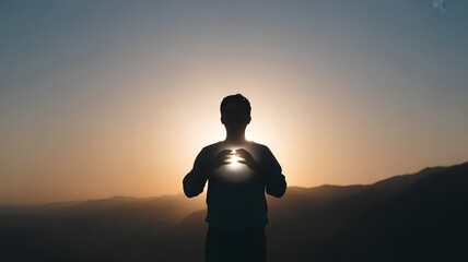 Fototapeta premium Silhouette of Person with Glowing Heart at Sunset, Spiritual Meditation and Mindfulness Concept on Mountain Horizon with Warm Sunlight for Peace and Inner Healing