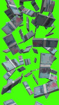 Vertical Sao Tome Dobra bills falling on chromakey, STN cash rain