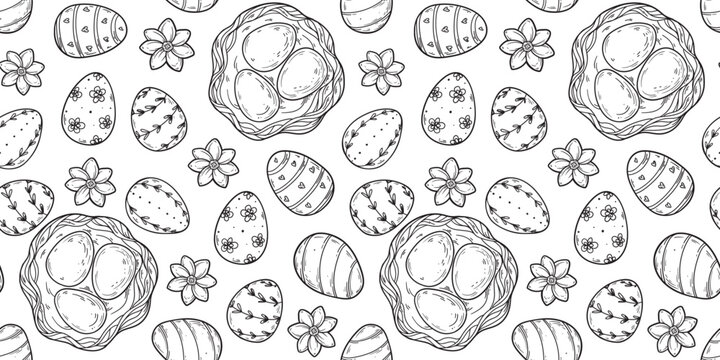 Seamless pattern with hand-drawn easter egg sketches. Vector drawing illustration for packaging, stationery, and decorative design projects.