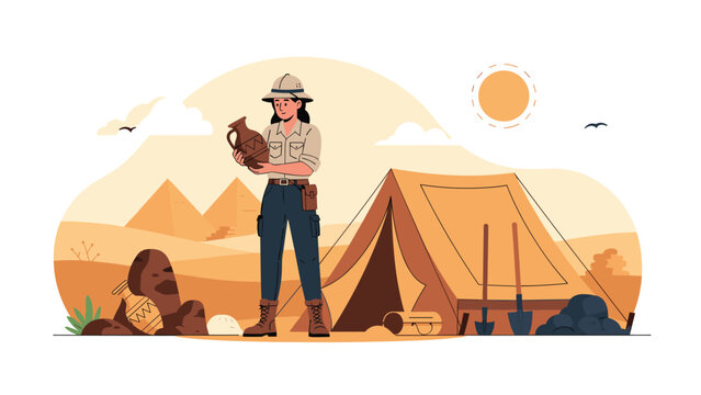 Female archaeologist examines an ancient clay jar in front of her campsite and the Egyptian pyramids in the hot desert sun.