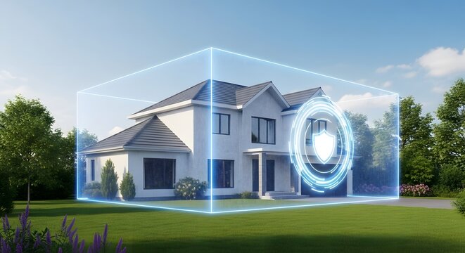 Abstract concept of a house inside a protective blue dome. Emphasizes security systems, insurance, and defense against outside dangers