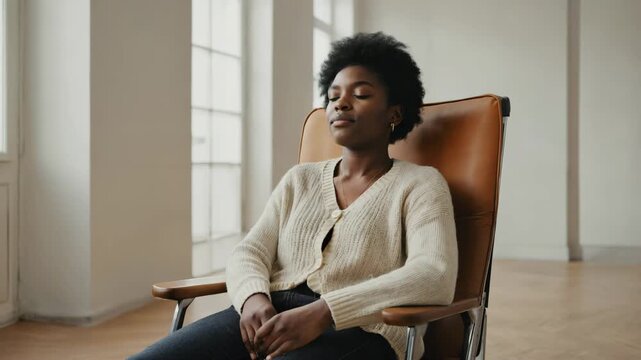 Young African American woman sitting in office chair with eyes closed in relaxation
