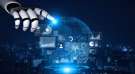 AI interacts with data analytics dashboard, reading trends, improving decisions, and enhancing insights using advanced data analytics capabilities. Vouch