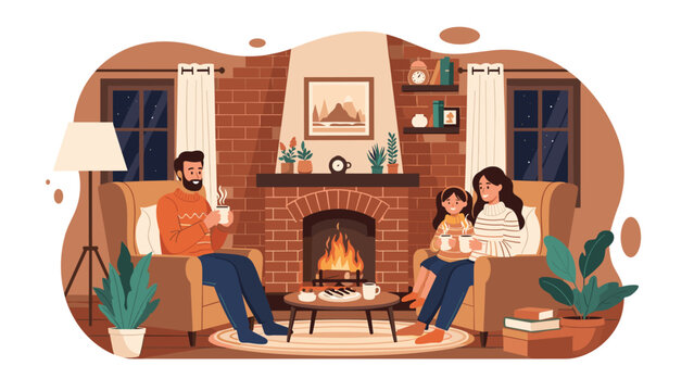 Happy family of three relaxes in cozy armchairs while drinking hot cocoa by a warm brick fireplace during a cold winter night.