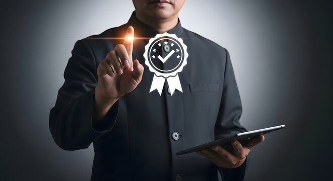Quality assurance certification standard control guarantee business management concept symbol thumb up