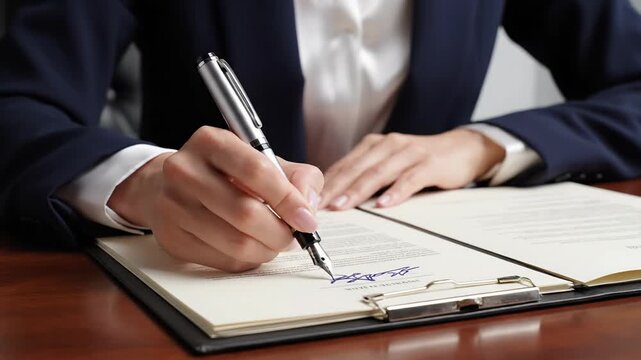 Businesswoman signing a contract with a pen, close-up on hands and document