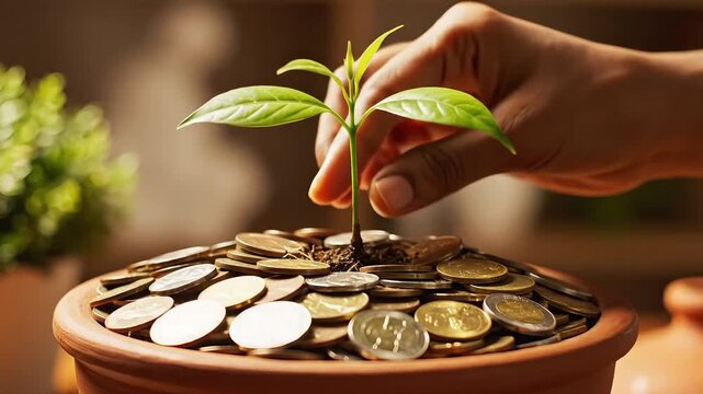 A hand carefully places a small green plant seedling into a terra cotta pot filled with shining coins, symbolizing growth and investment.