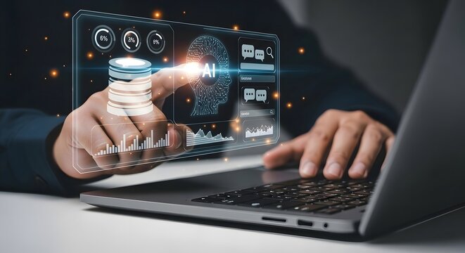 Analyzing ai data with laptop for business intelligence and machine learning insights and automation