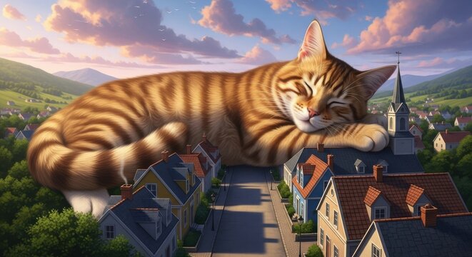 Giant cat peacefully napping atop a quiet village.