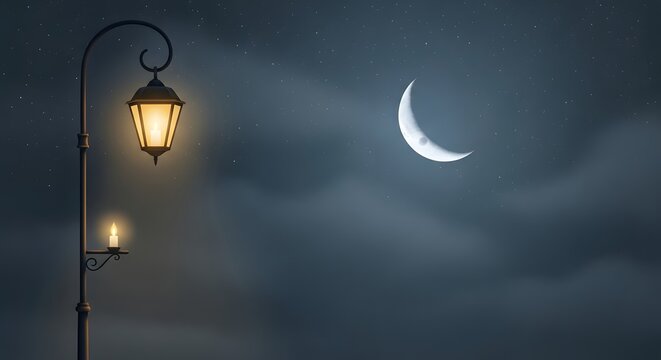 Ramadan night with crescent moon and lantern symbolizing fasting and spirituality