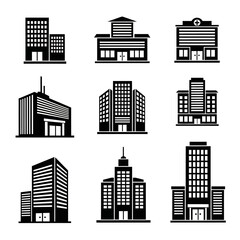 Obraz premium Black and white illustration of various modern building facades