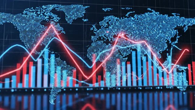 Global market analysis world map with stock market graph overlay animation